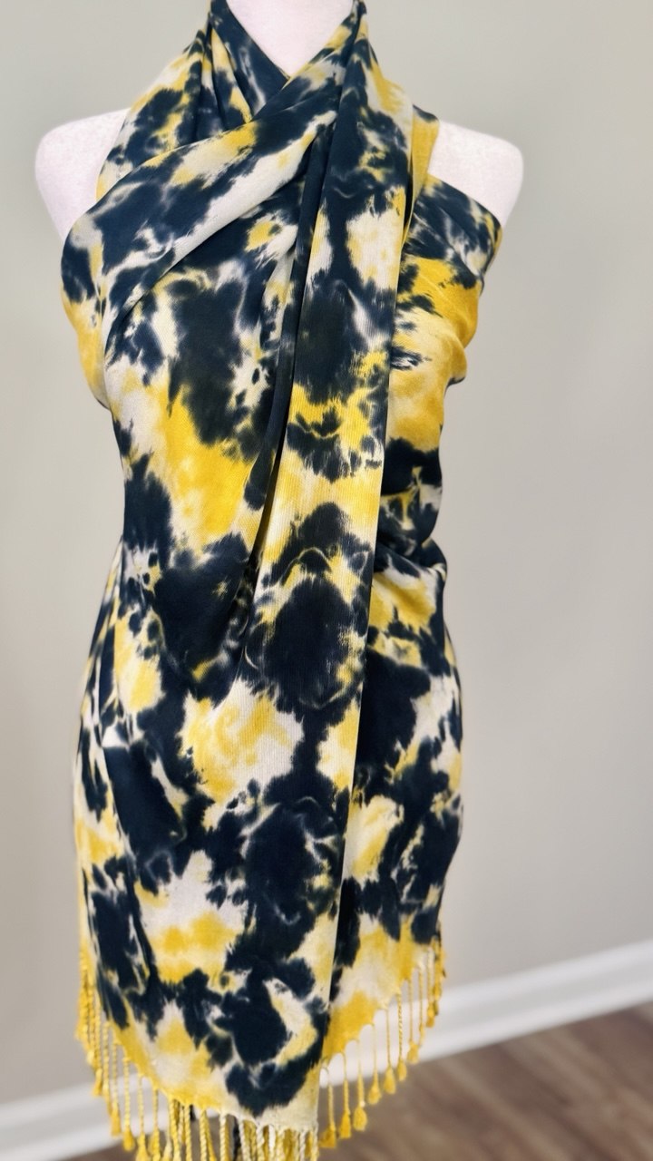Black, White & Yellow Hand-Dyed Shawl Scarf Hijab — 72" x 28" with Fringe
