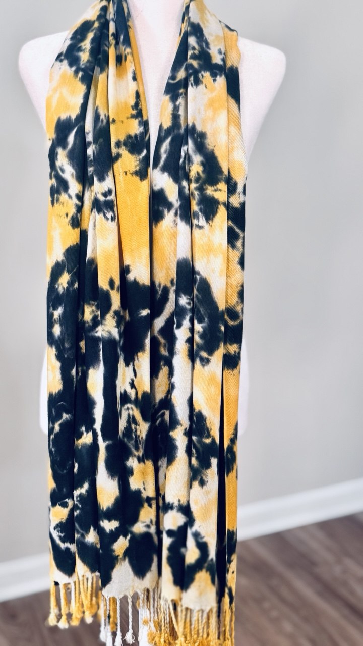 Black, White & Yellow Hand-Dyed Shawl Scarf Hijab — 72" x 28" with Fringe
