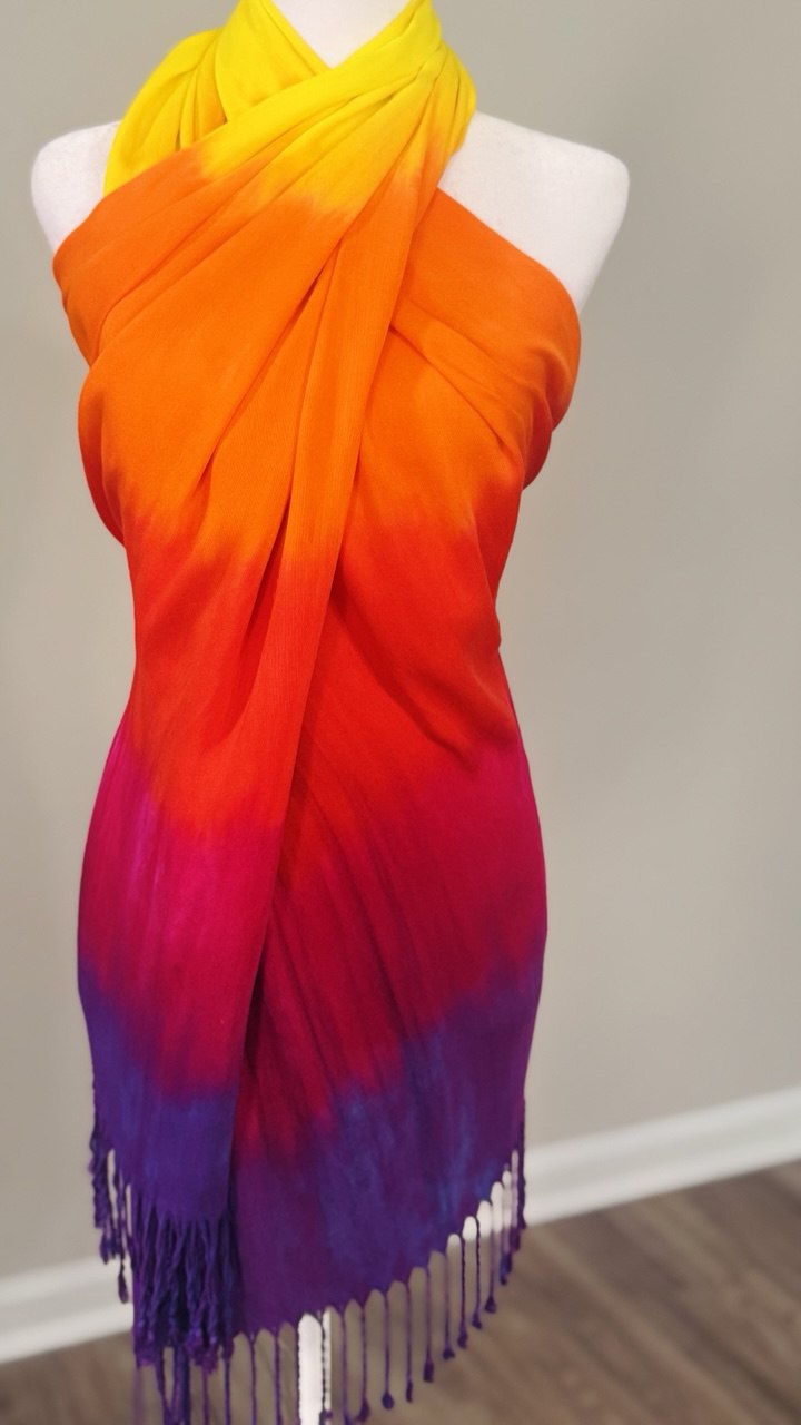 Yellow, Orange, Red, Fuchsia & Purple Hand-Dyed Shawl Scarf Hijab — 72" x 28" with Fringe