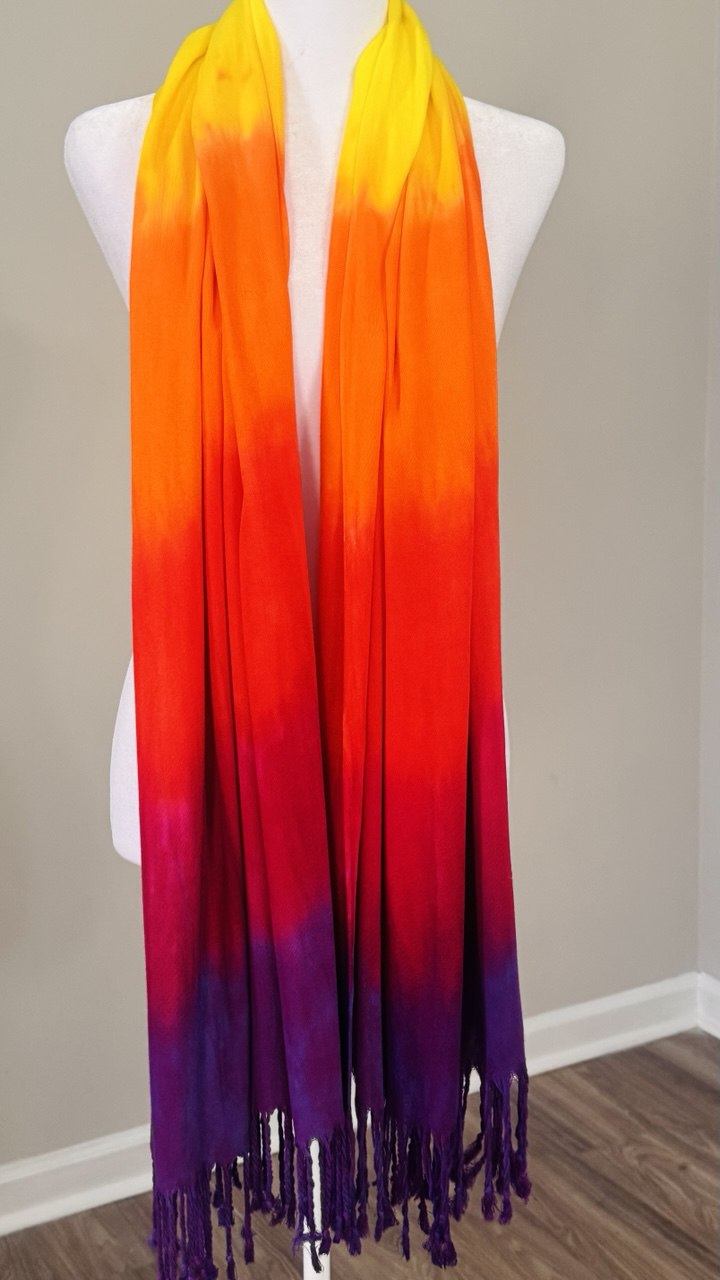 Yellow, Orange, Red, Fuchsia & Purple Hand-Dyed Shawl Scarf Hijab — 72" x 28" with Fringe