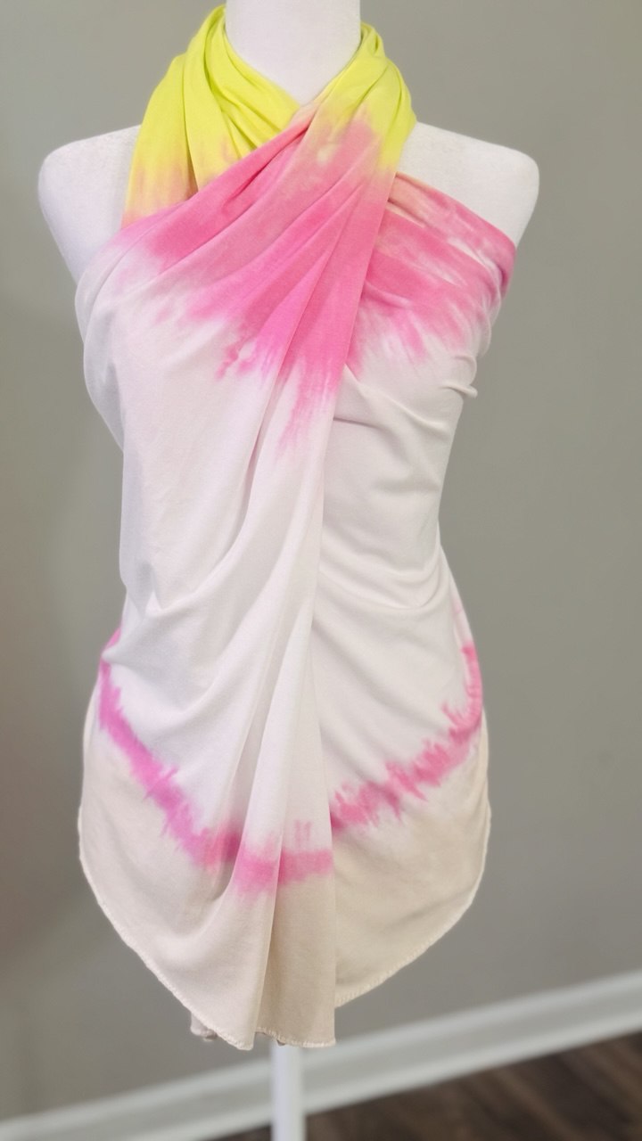 White, Pink, Yellow & Cream Hand-Dyed Medium-Weight Jersey Knit Scarf Hijab — 30" x 70"