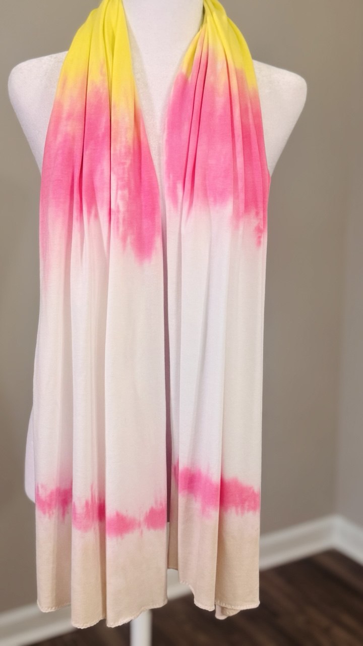 White, Pink, Yellow & Cream Hand-Dyed Medium-Weight Jersey Knit Scarf Hijab — 30" x 70"