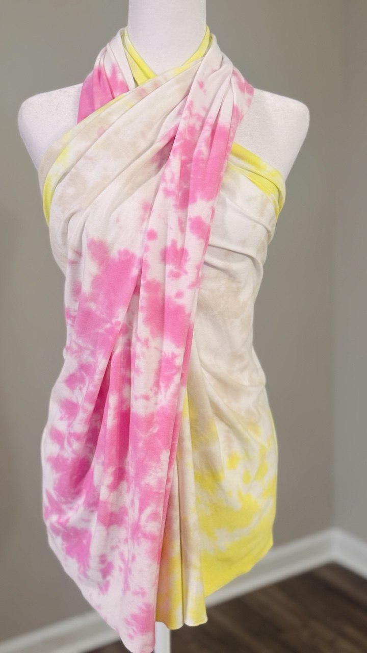 White, Pink, Yellow & Cream Hand-Dyed Medium-Weight Jersey Knit Scarf Hijab — 30" x 70"