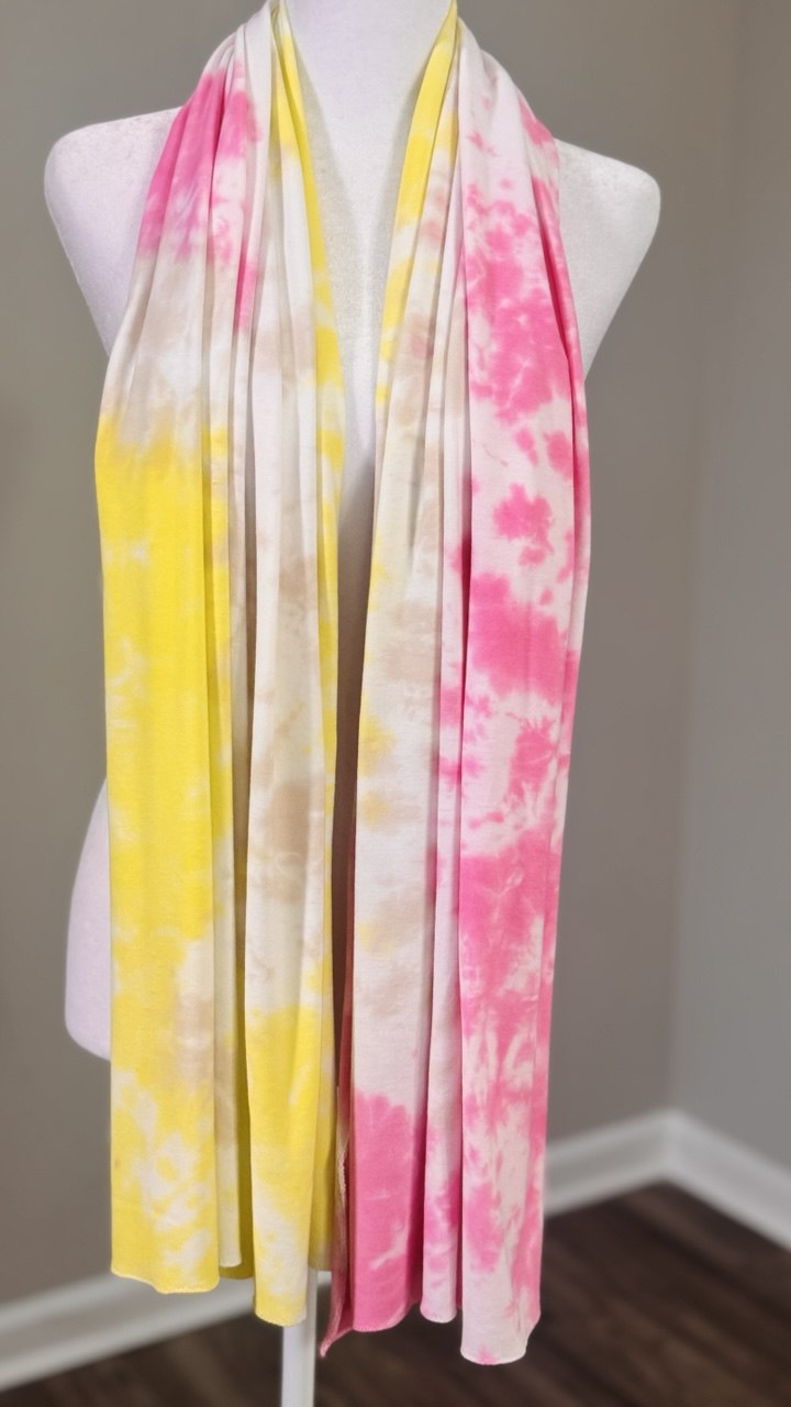White, Pink, Yellow & Cream Hand-Dyed Medium-Weight Jersey Knit Scarf Hijab — 30" x 70"