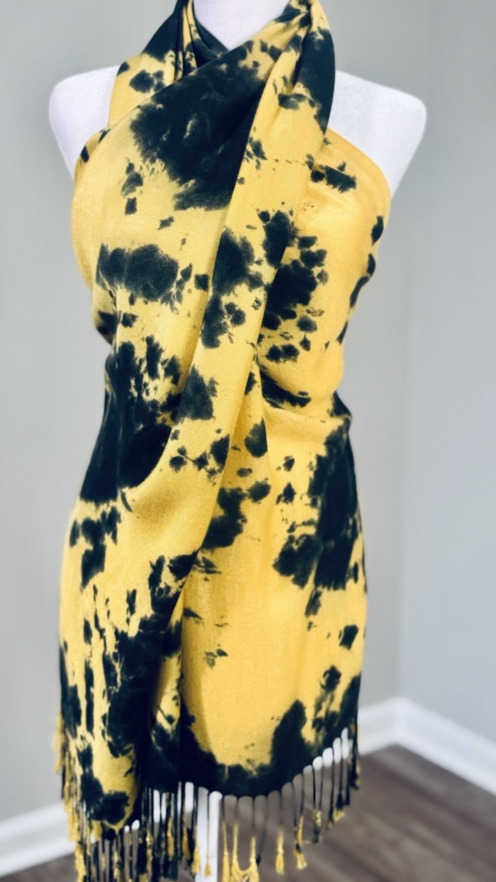 Black & Yellow Hand-Dyed Shawl Scarf Hijab— 72" x 28" with Fringe