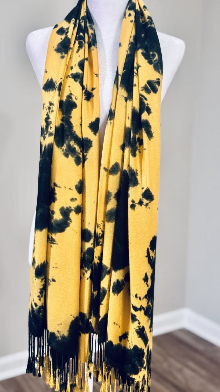 Black & Yellow Hand-Dyed Shawl Scarf Hijab— 72" x 28" with Fringe