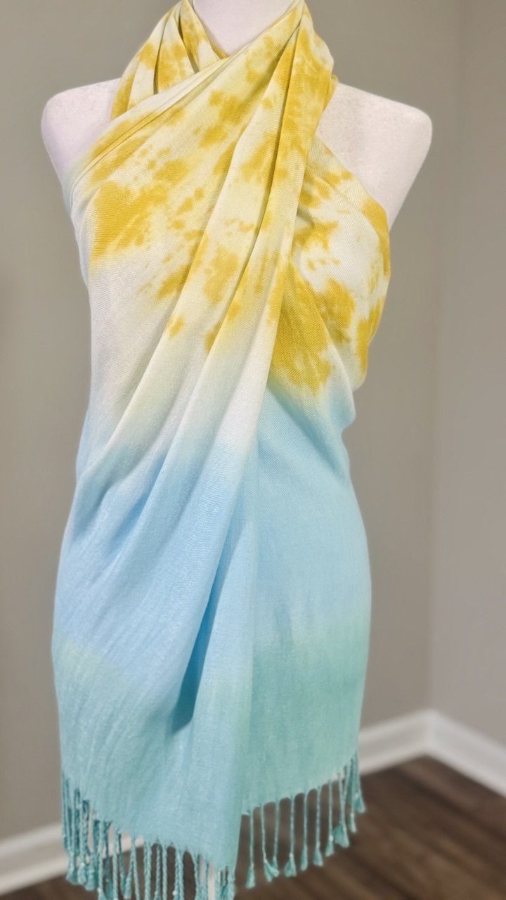 Light Turquoise, Yellow & White Hand-Dyed Shawl Scarf — 72" x 28" with Fringe