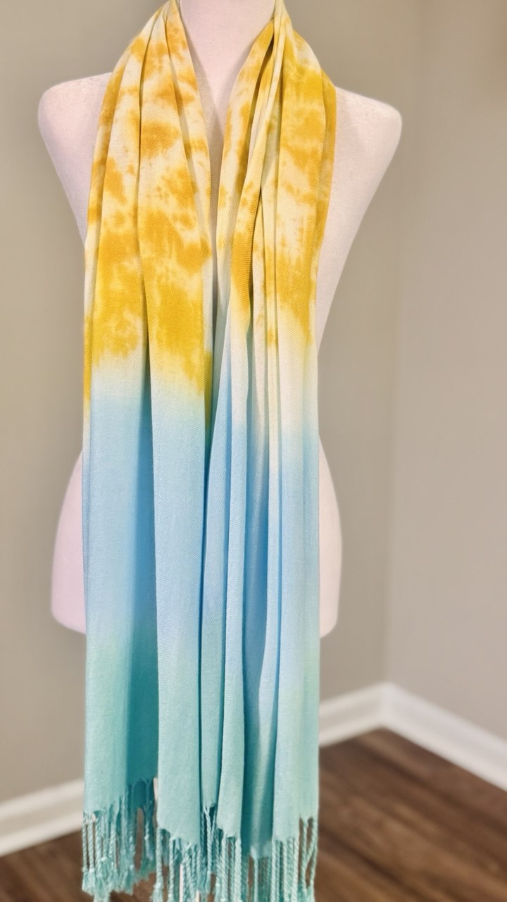 Light Turquoise, Yellow & White Hand-Dyed Shawl Scarf — 72" x 28" with Fringe