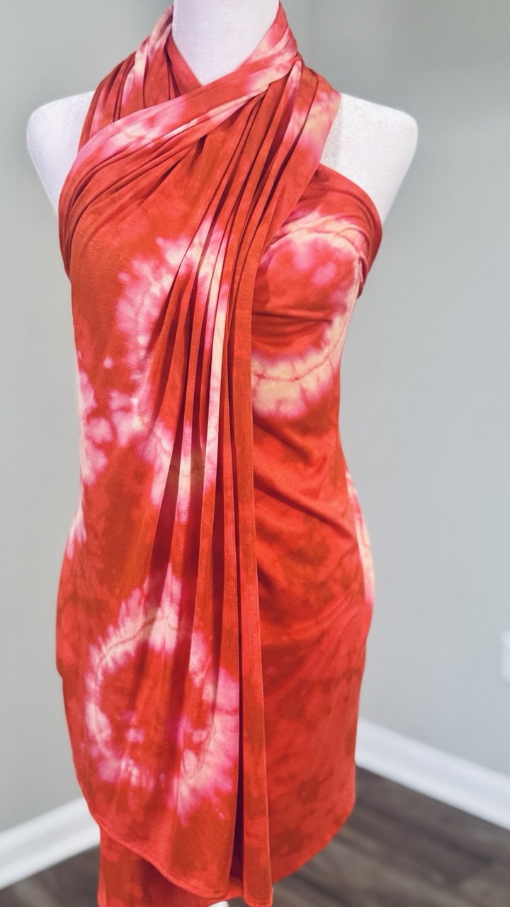 Red, Orange, Peach & Cream Hand-Dyed Jersey Knit Scarf Hijab — 33" x 70"