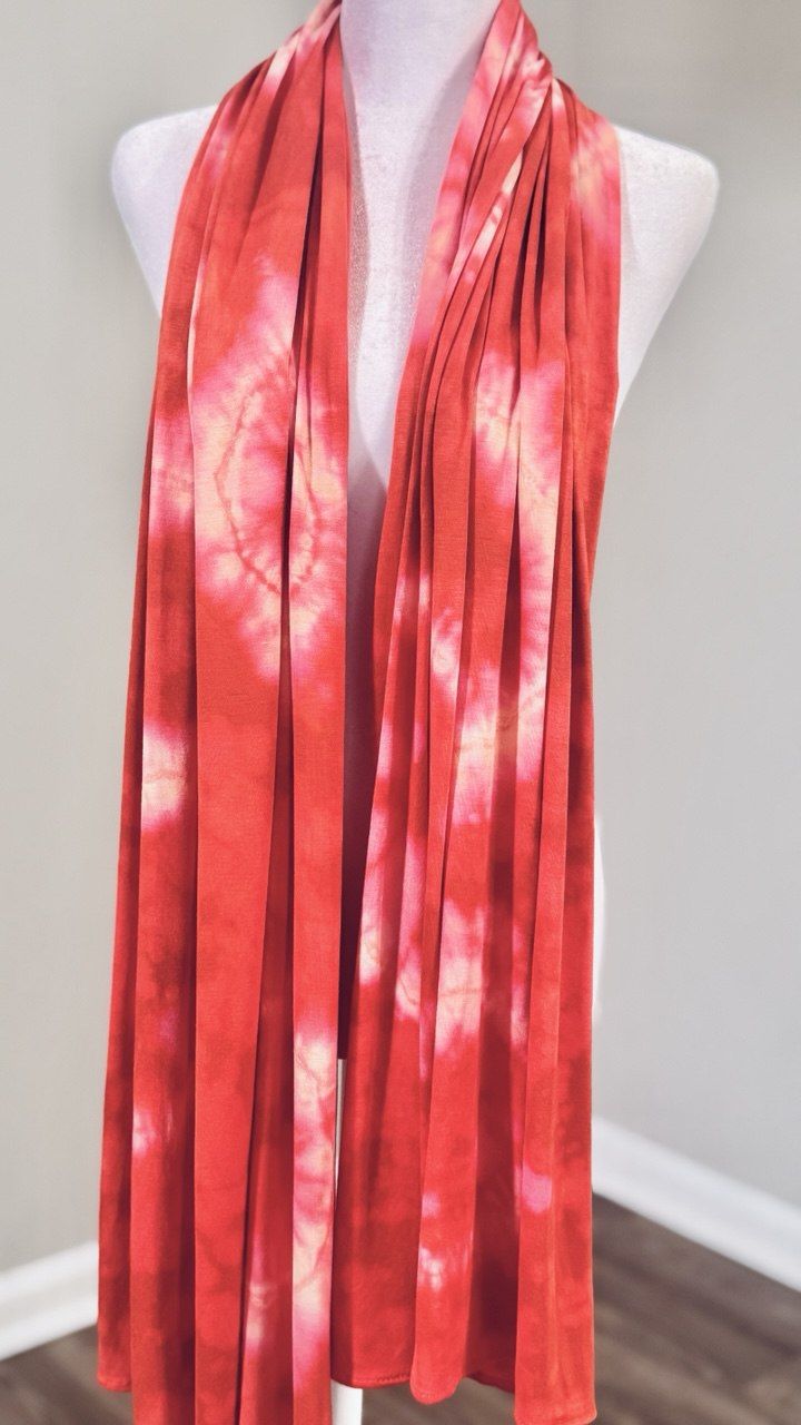 Red, Orange, Peach & Cream Hand-Dyed Jersey Knit Scarf Hijab — 33" x 70"