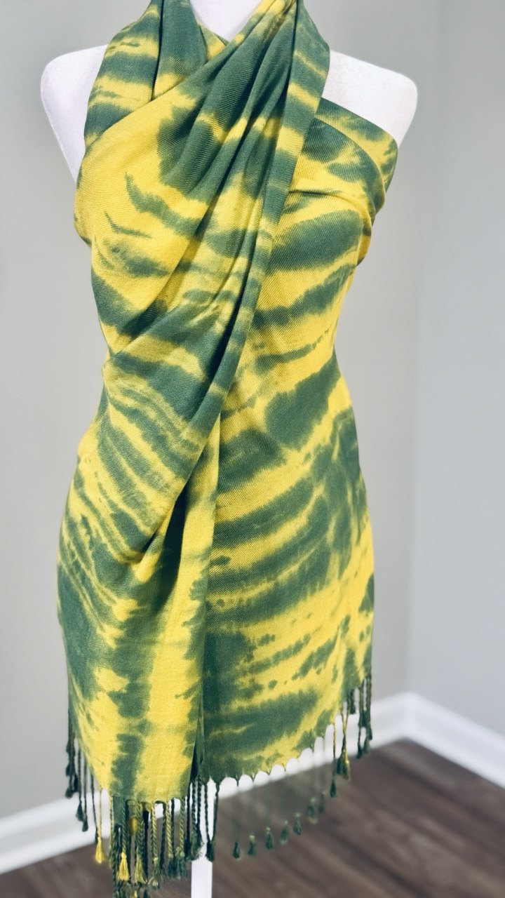 Deep Olive & Yellow Hand-Dyed Shawl Scarf Hijab — 72" x 28" with Fringe