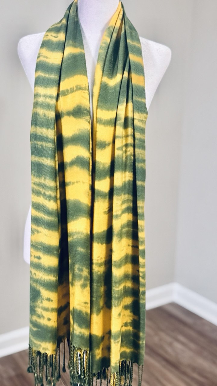 Deep Olive & Yellow Hand-Dyed Shawl Scarf Hijab — 72" x 28" with Fringe