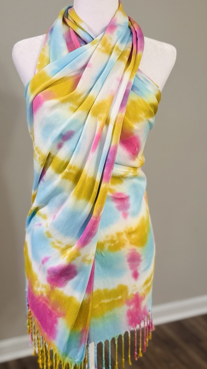 Yellow, Turquoise, White & Hot Pink Hand-Dyed Shawl Scarf Hijab — 72" x 28" with Fringe