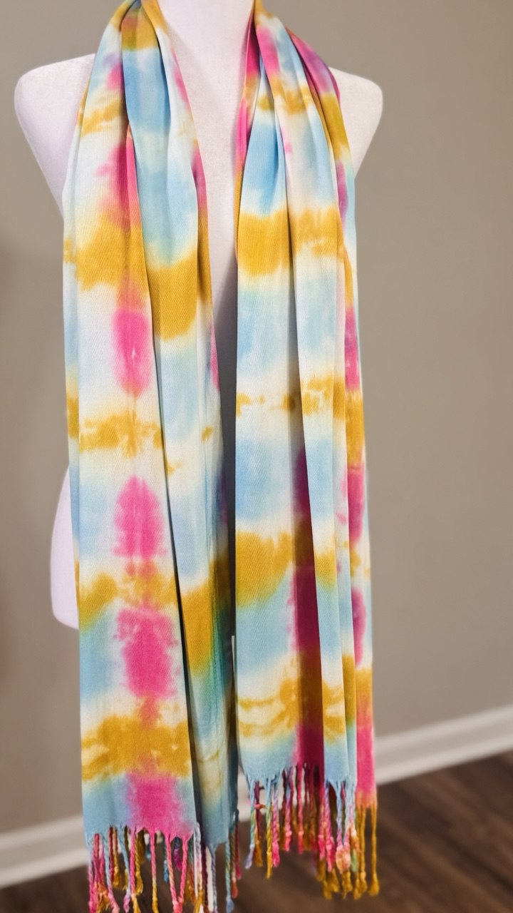 Yellow, Turquoise, White & Hot Pink Hand-Dyed Shawl Scarf Hijab — 72" x 28" with Fringe