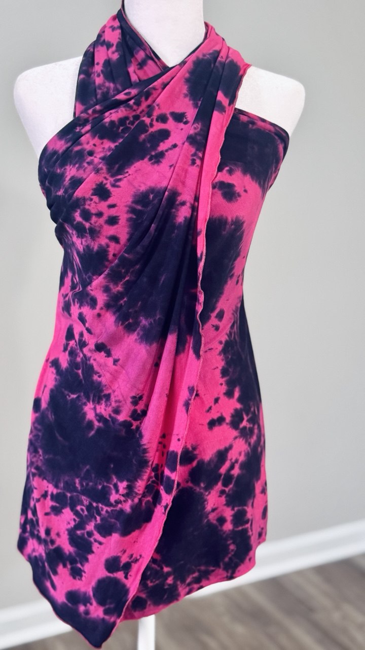 Hot Pink & Black Tie-Dye Jersey Knit Scarf Hijab — 20" x 70"