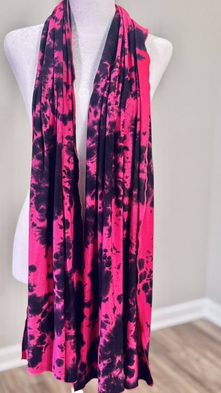 Hot Pink & Black Tie-Dye Jersey Knit Scarf Hijab — 20" x 70"