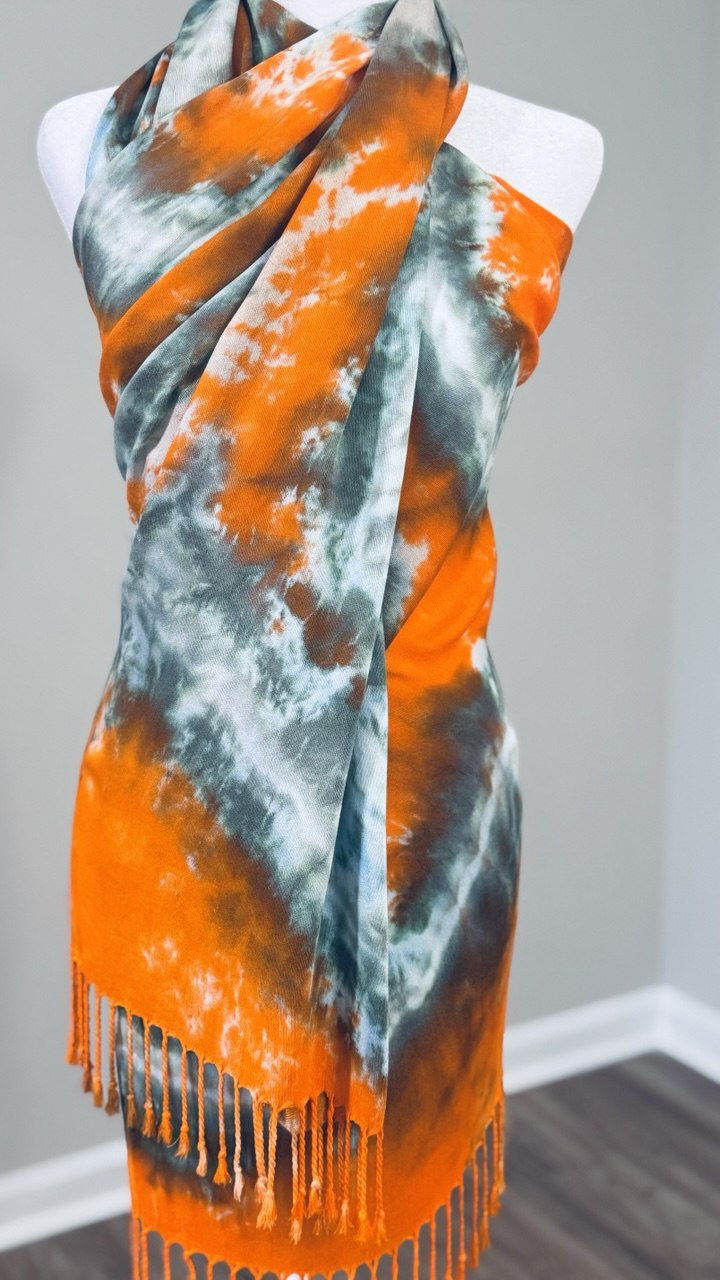 Orange, Brown, White & Hunter Green Hand-Dyed Shawl Scarf Hijab — 72" x 28" with Fringe