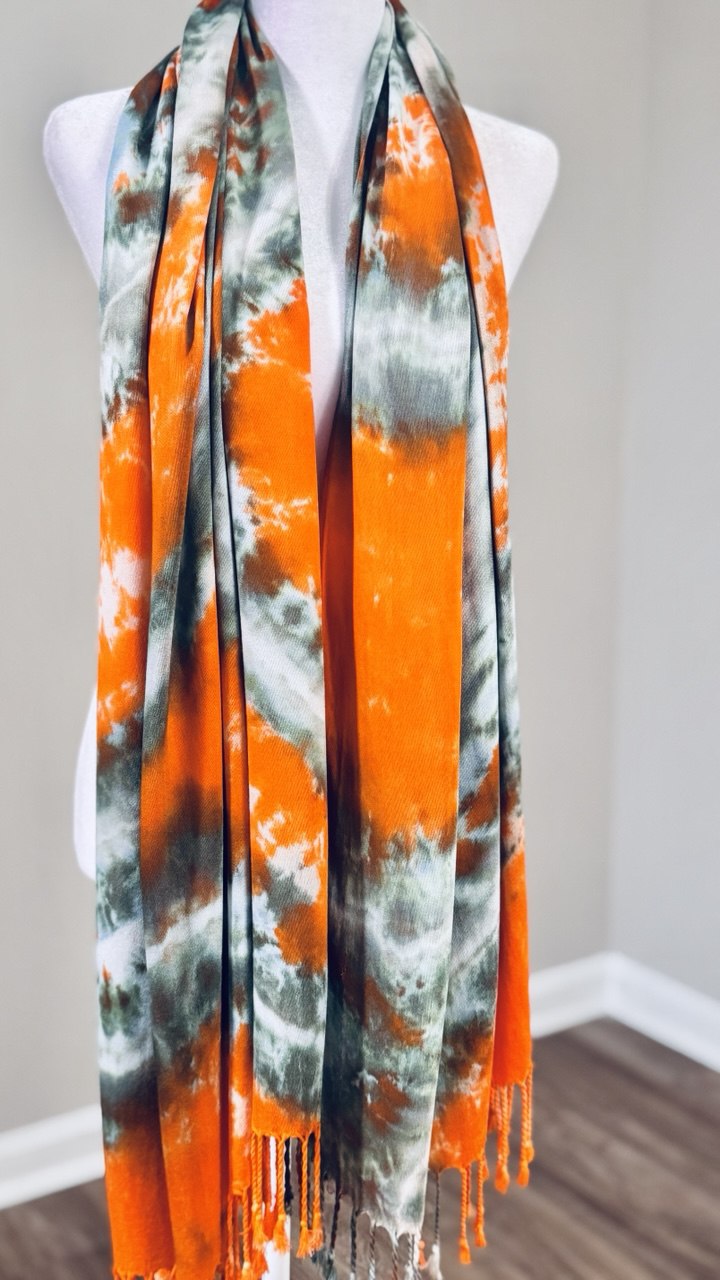 Orange, Brown, White & Hunter Green Hand-Dyed Shawl Scarf Hijab — 72" x 28" with Fringe