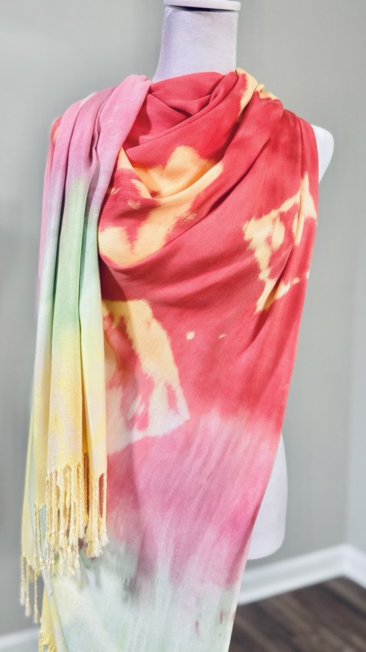 Mint Green, Light Pink, Coral, Yellow & White Hand-Dyed Shawl Scarf Hijab — 72" x 28" with Fringe