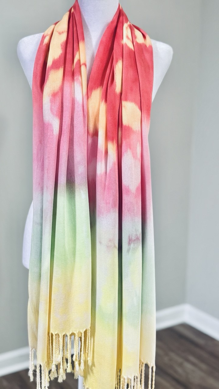 Mint Green, Light Pink, Coral, Yellow & White Hand-Dyed Shawl Scarf Hijab — 72" x 28" with Fringe