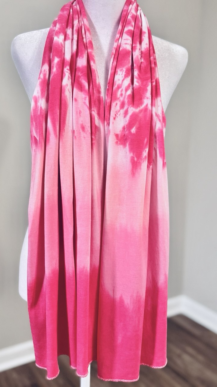 Hot Pink, Light Pink & White Hand-Dyed Medium-Weight Jersey Knit Scarf Hijab— 30" x 70"