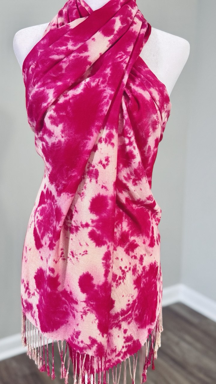 Fuchsia & Cream Hand-Dyed Fringe Shawl Scarf Hijab — 72" x 28"