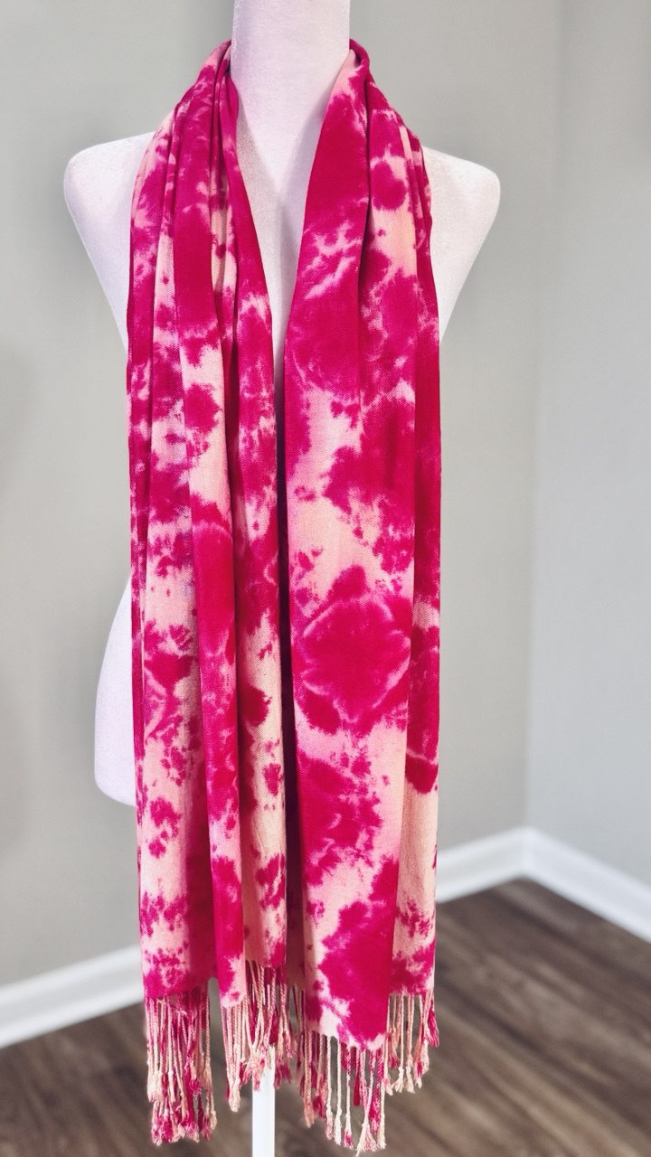 Fuchsia & Cream Hand-Dyed Fringe Shawl Scarf Hijab — 72" x 28"