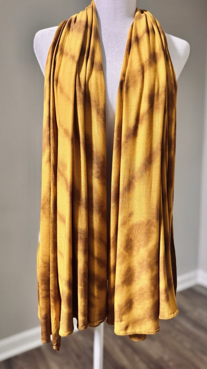 Mustard Yellow & Khaki Hand-Dyed Jersey Knit Scarf Hijab— 33" x 70"
