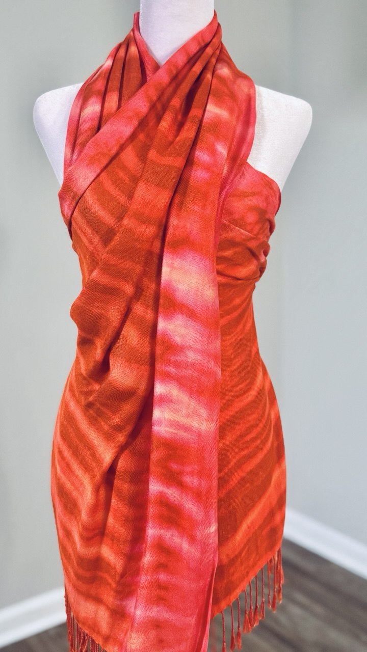 Red, Orange & Peach Hand-Dyed Shawl Scarf Hijab — 72" x 28" with Fringe