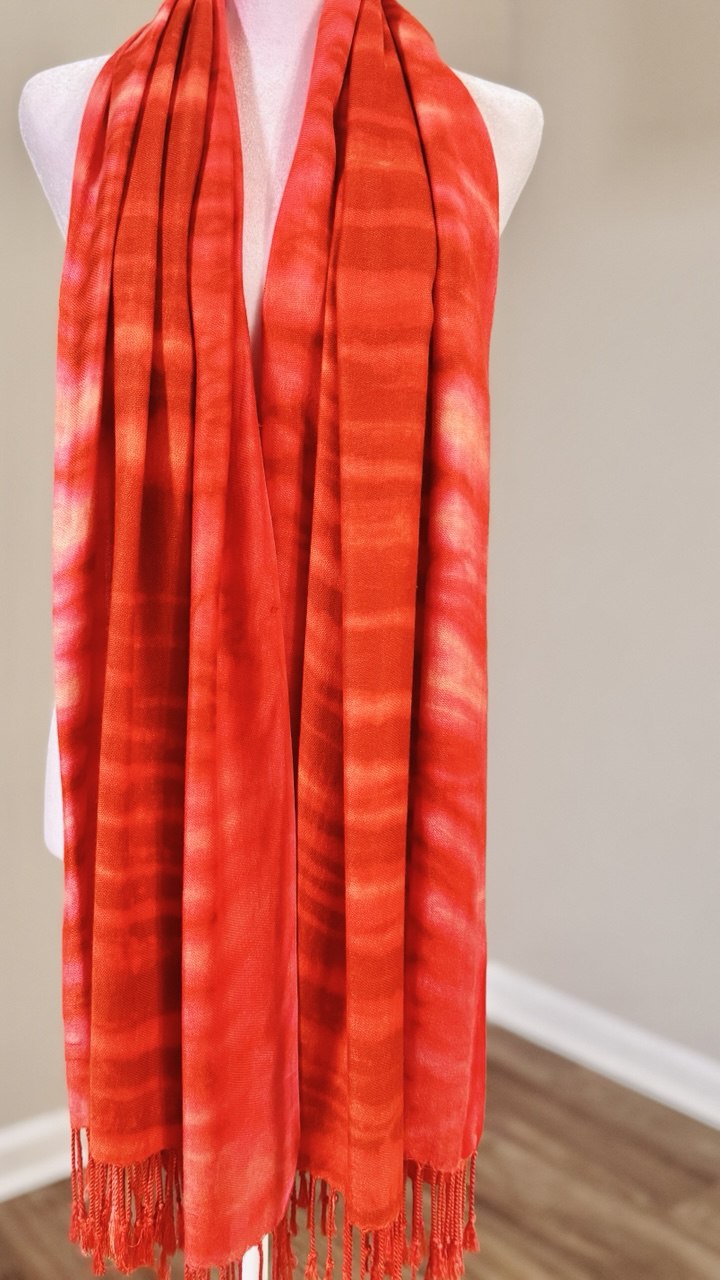 Red, Orange & Peach Hand-Dyed Shawl Scarf Hijab — 72" x 28" with Fringe