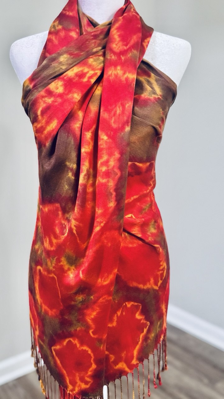 Red, Brown & Caramel Hand-Dyed Shawl Scarf Hijab — 72" x 28" with Fringe