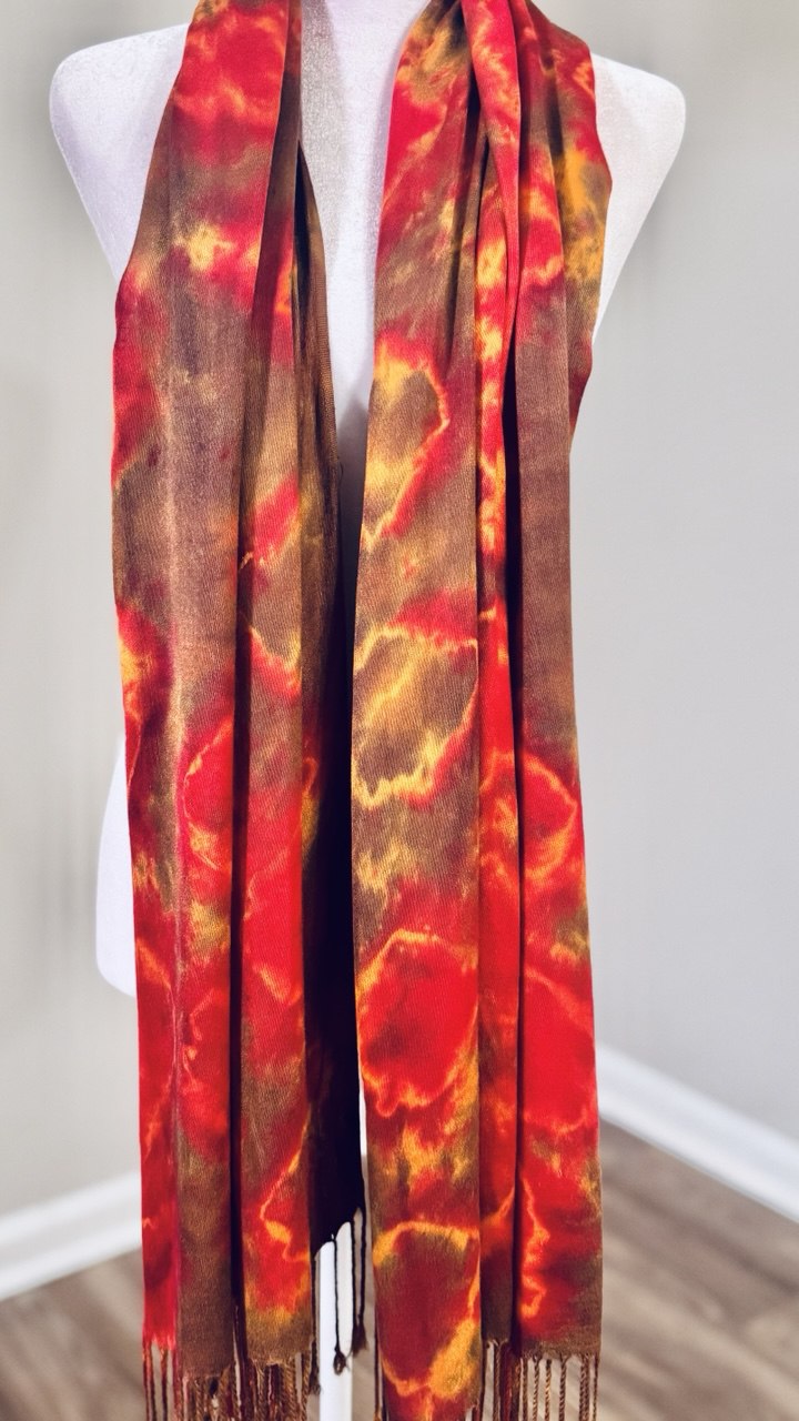 Red, Brown & Caramel Hand-Dyed Shawl Scarf Hijab — 72" x 28" with Fringe