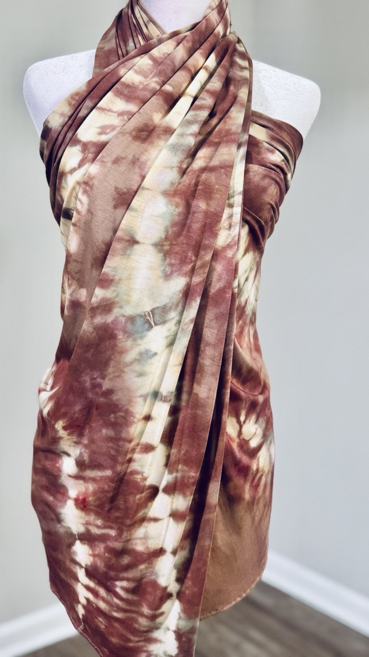 Sage Green with Shades of Brown & Beige Hand-Dyed Jersey Knit Scarf Hijab — 33" x 70"