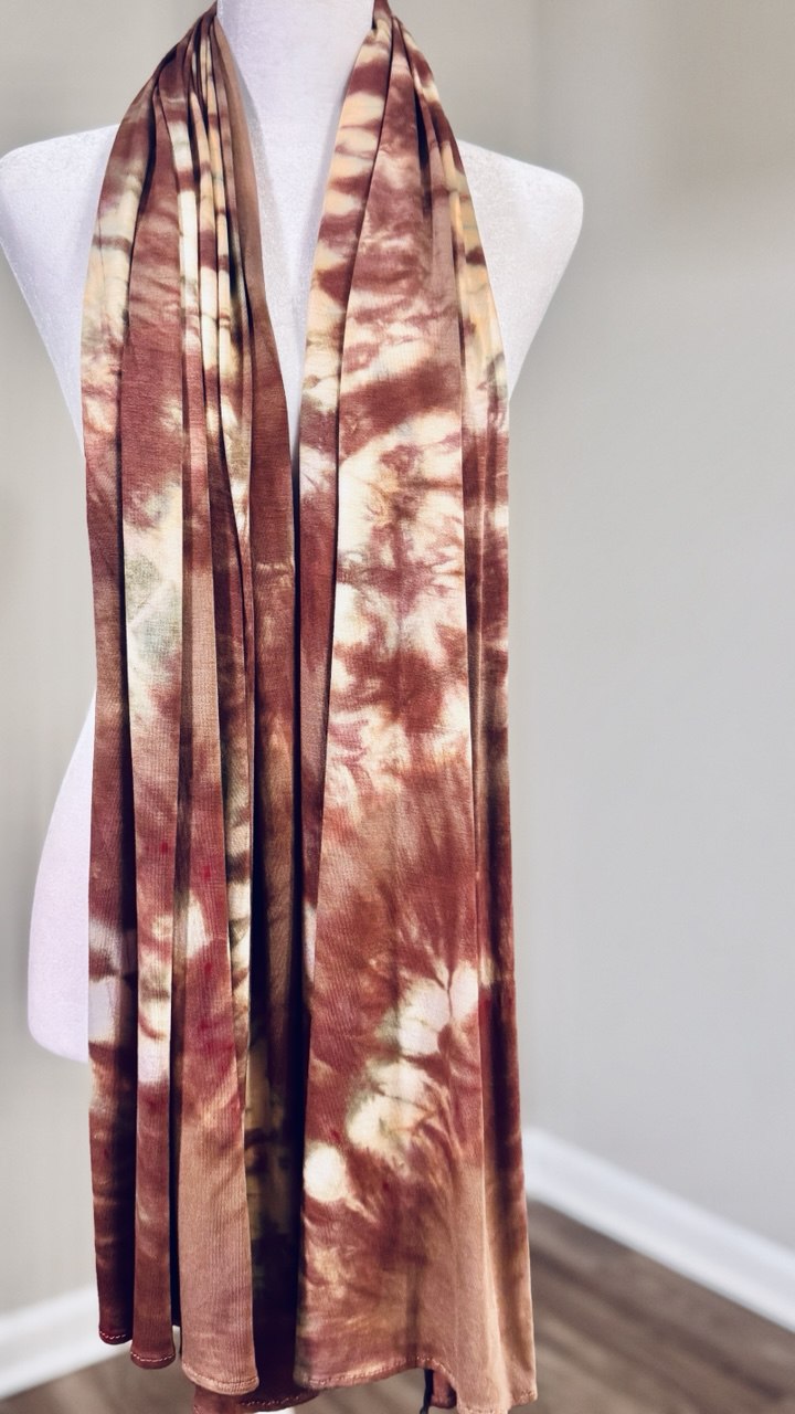 Sage Green with Shades of Brown & Beige Hand-Dyed Jersey Knit Scarf Hijab — 33" x 70"