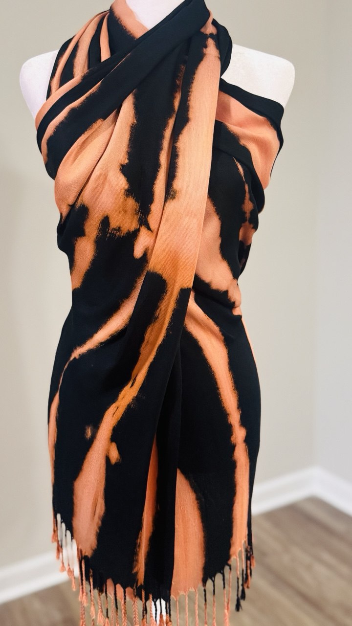 Black, Burnt Orange & Light Peach Hand-Dyed Shawl Scarf Hijab — 72" x 28" with Fringe