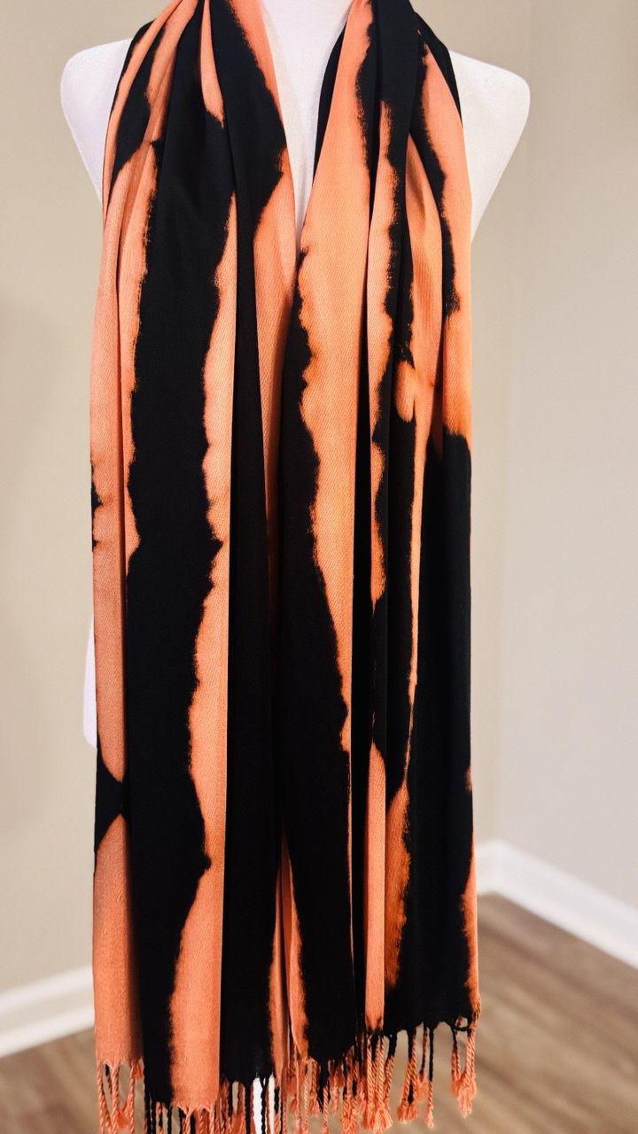 Black, Burnt Orange & Light Peach Hand-Dyed Shawl Scarf Hijab — 72" x 28" with Fringe