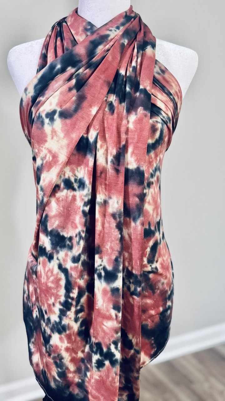 Cream, Black & Light Brown Hand-Dyed Jersey Knit Scarf Hijab — 33" x 70"