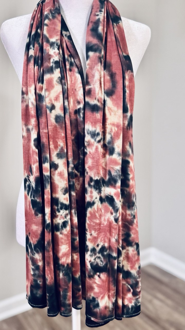 Cream, Black & Light Brown Hand-Dyed Jersey Knit Scarf Hijab — 33" x 70"