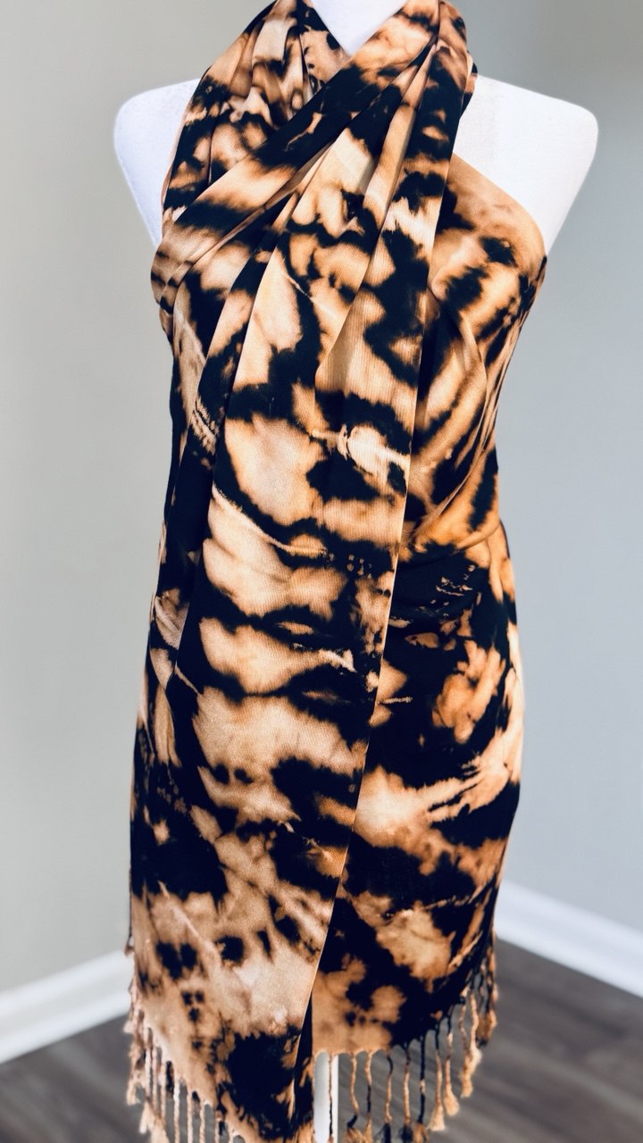 Black & Cream Hand-Dyed Shawl Scarf Hijab — 72" x 28" with Fringe