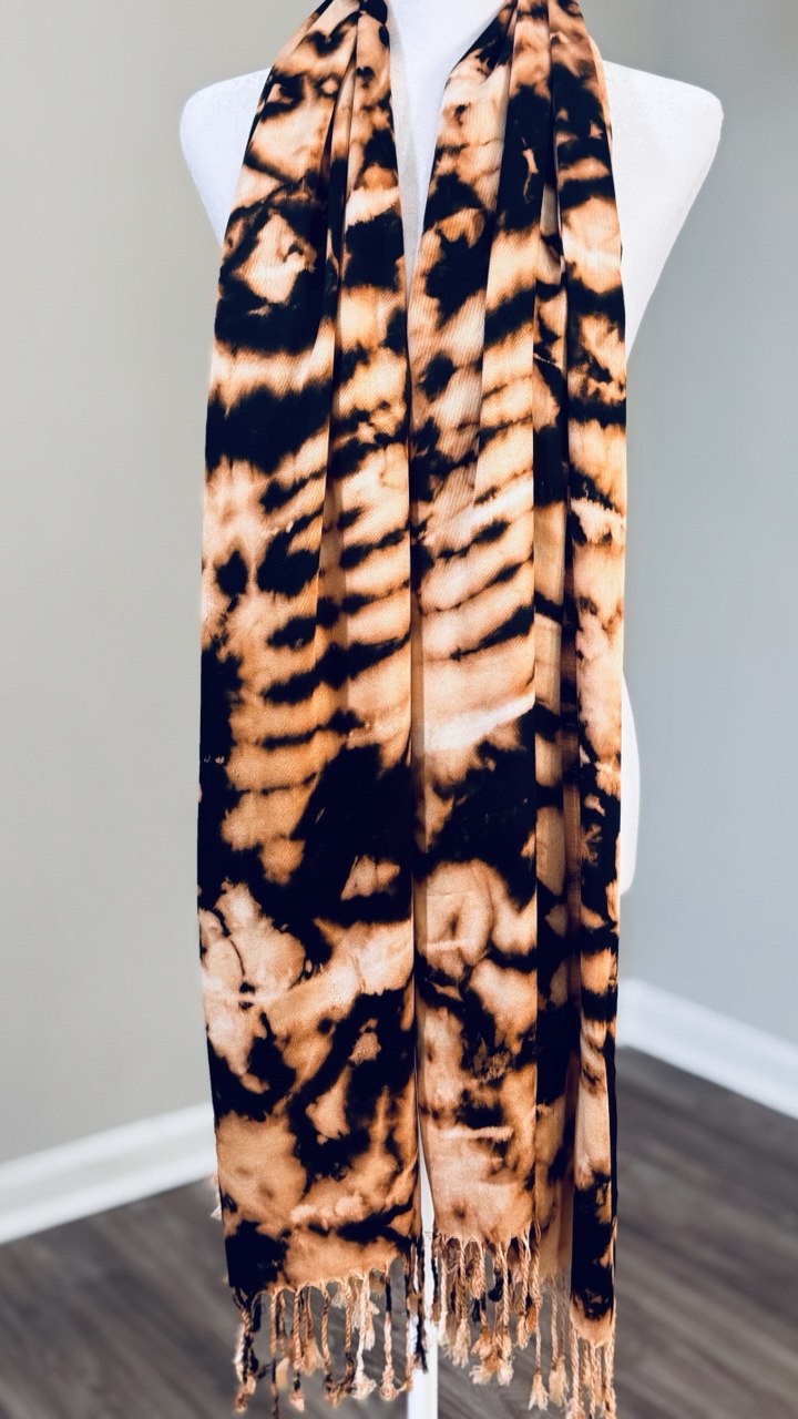 Black & Cream Hand-Dyed Shawl Scarf Hijab — 72" x 28" with Fringe