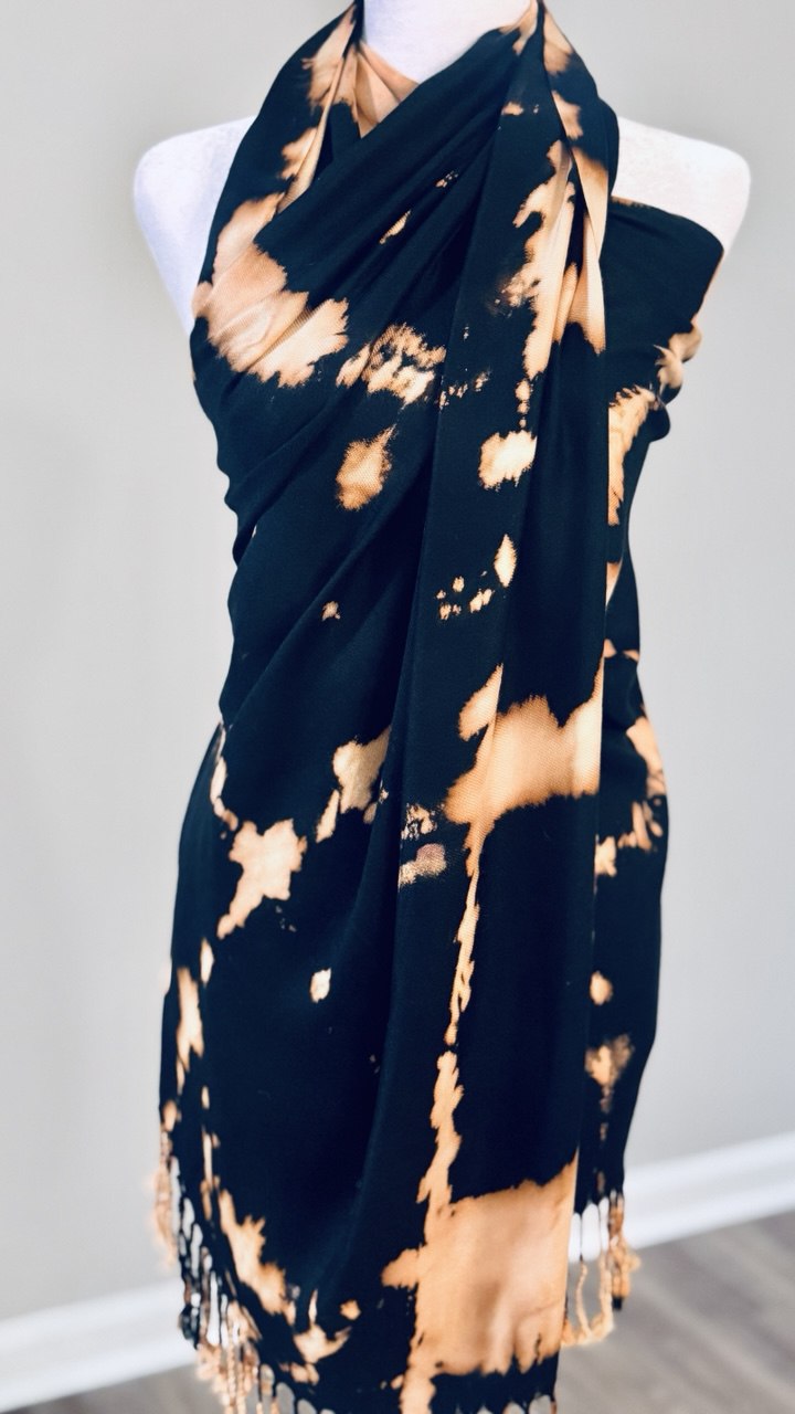 Black & Caramel Hand-Dyed Shawl Scarf Hijab — 72" x 28" with Fringe