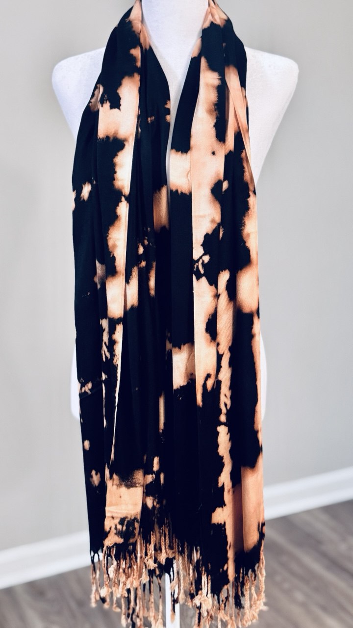 Black & Caramel Hand-Dyed Shawl Scarf Hijab — 72" x 28" with Fringe