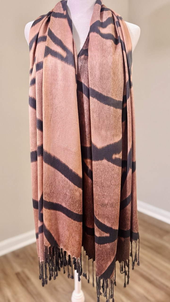 Peach & Gray Hand-Dyed Shawl Scarf Hijab — 72" x 28" with Fringe