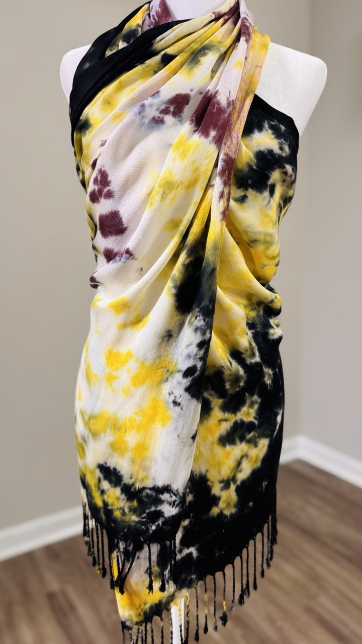 Black, Yellow & Brown Hand-Dyed Shawl Scarf Hijab — 72" x 28" with Fringe