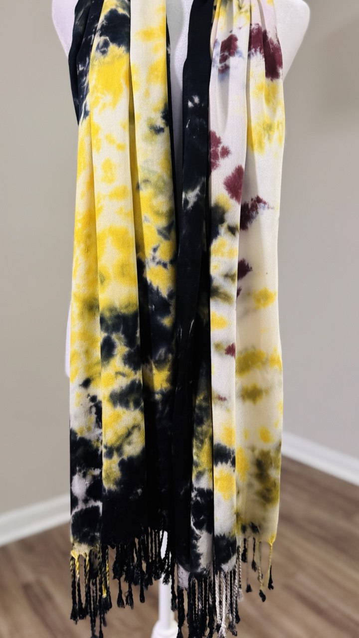 Black, Yellow & Brown Hand-Dyed Shawl Scarf Hijab — 72" x 28" with Fringe