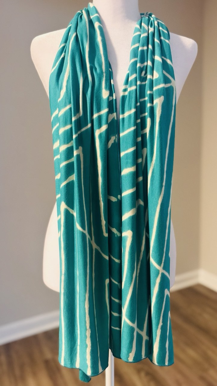 Turquoise & White Hand-Dyed Jersey Knit Scarf Hijab — 20" x 70"