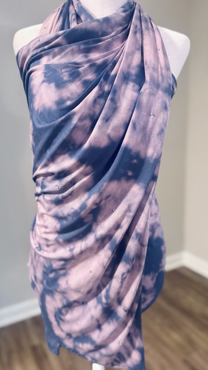 Slate Blue, Lavender & Dusty Rose Hand-Dyed Jersey Knit Scarf Hijab — 33" x 70"