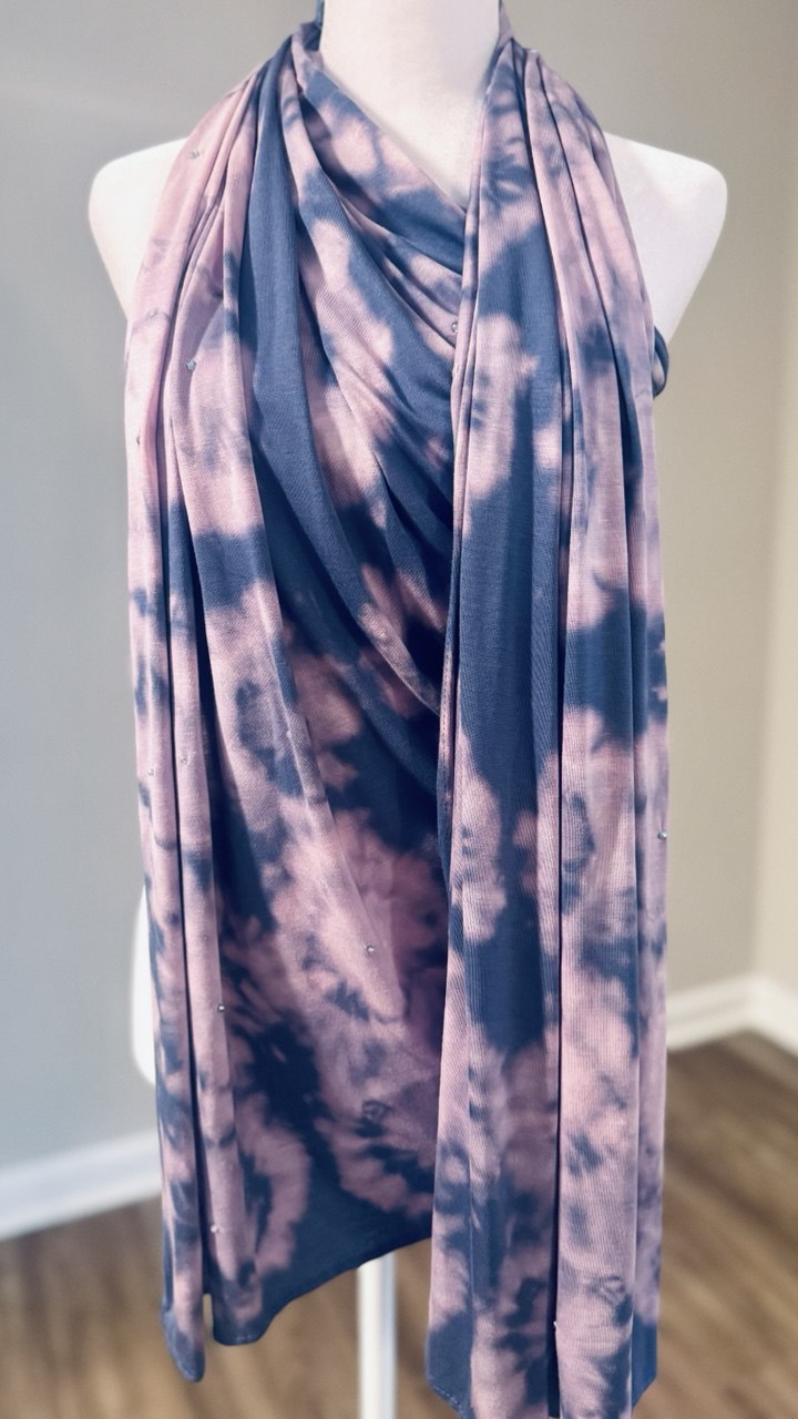 Slate Blue, Lavender & Dusty Rose Hand-Dyed Jersey Knit Scarf Hijab — 33" x 70"