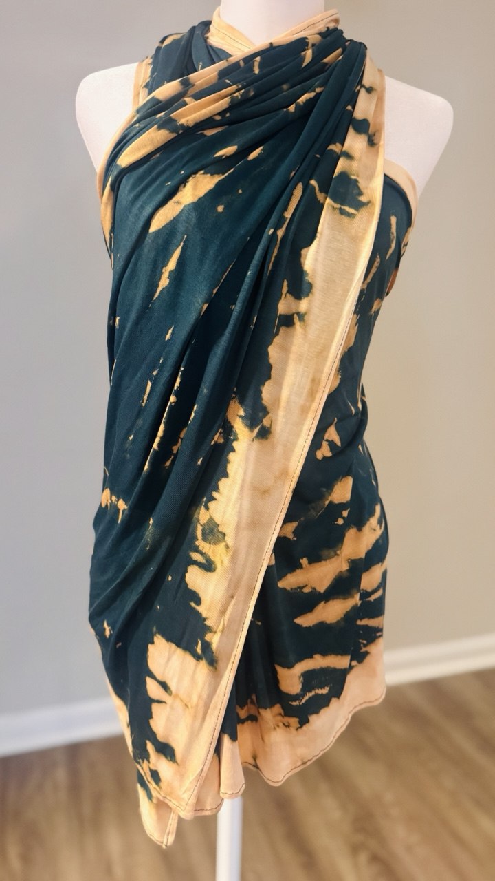 Deep Green, Butter Cream & Beige Hand-Dyed Jersey Knit Scarf Hijab — 33" x 70"