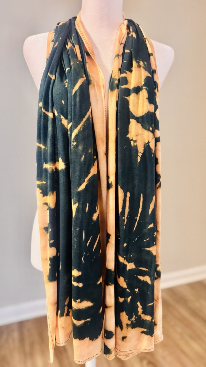 Deep Green, Butter Cream & Beige Hand-Dyed Jersey Knit Scarf Hijab — 33" x 70"